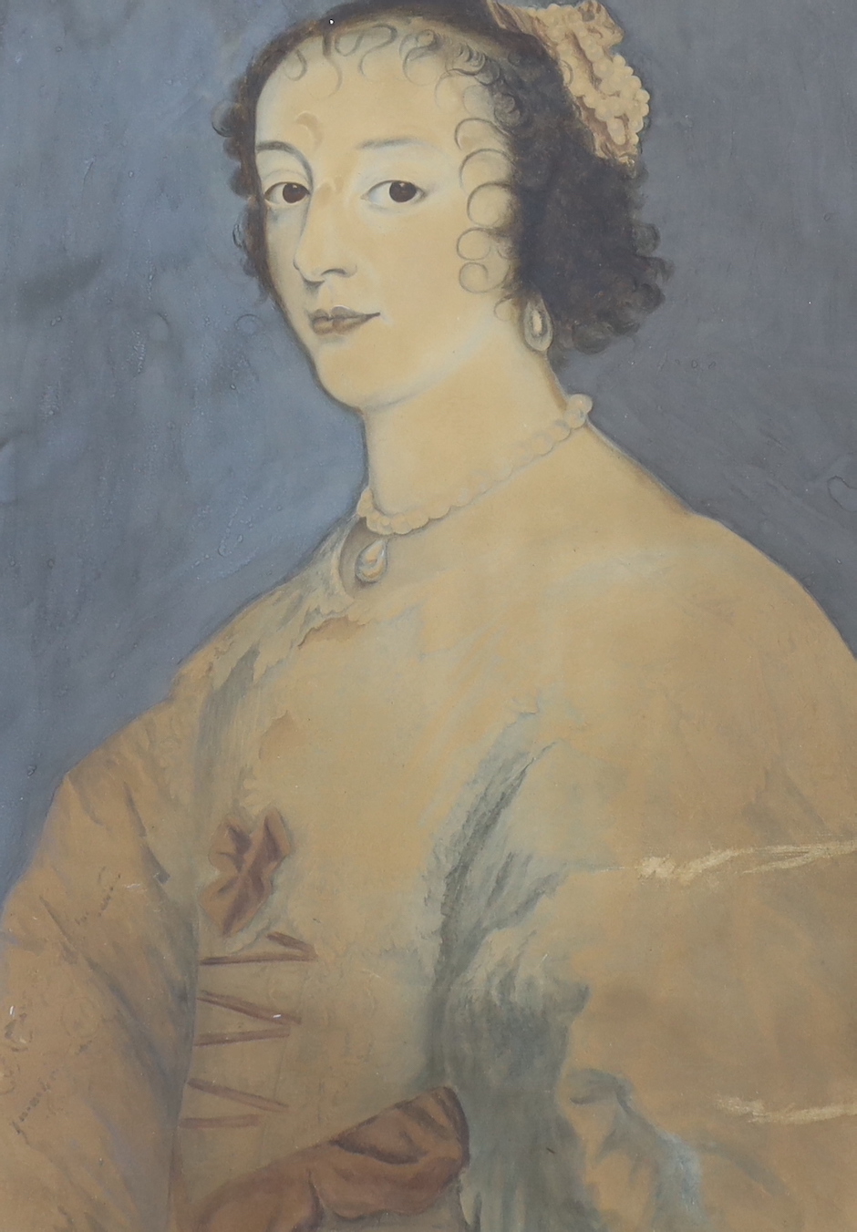 English School, watercolour, Portrait of a 17th century lady, 60 x 45cm